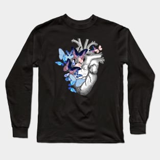 Heart Human Anatomy blue butterflies Long Sleeve T-Shirt
